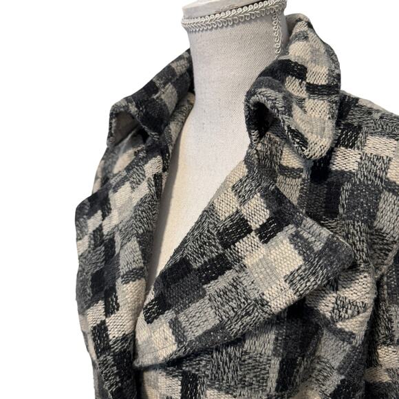 Daytrip Plaid Wool Blend Trench Coat Jacket Peacoat Belted Black Gray Cream L - Picture 3 of 12